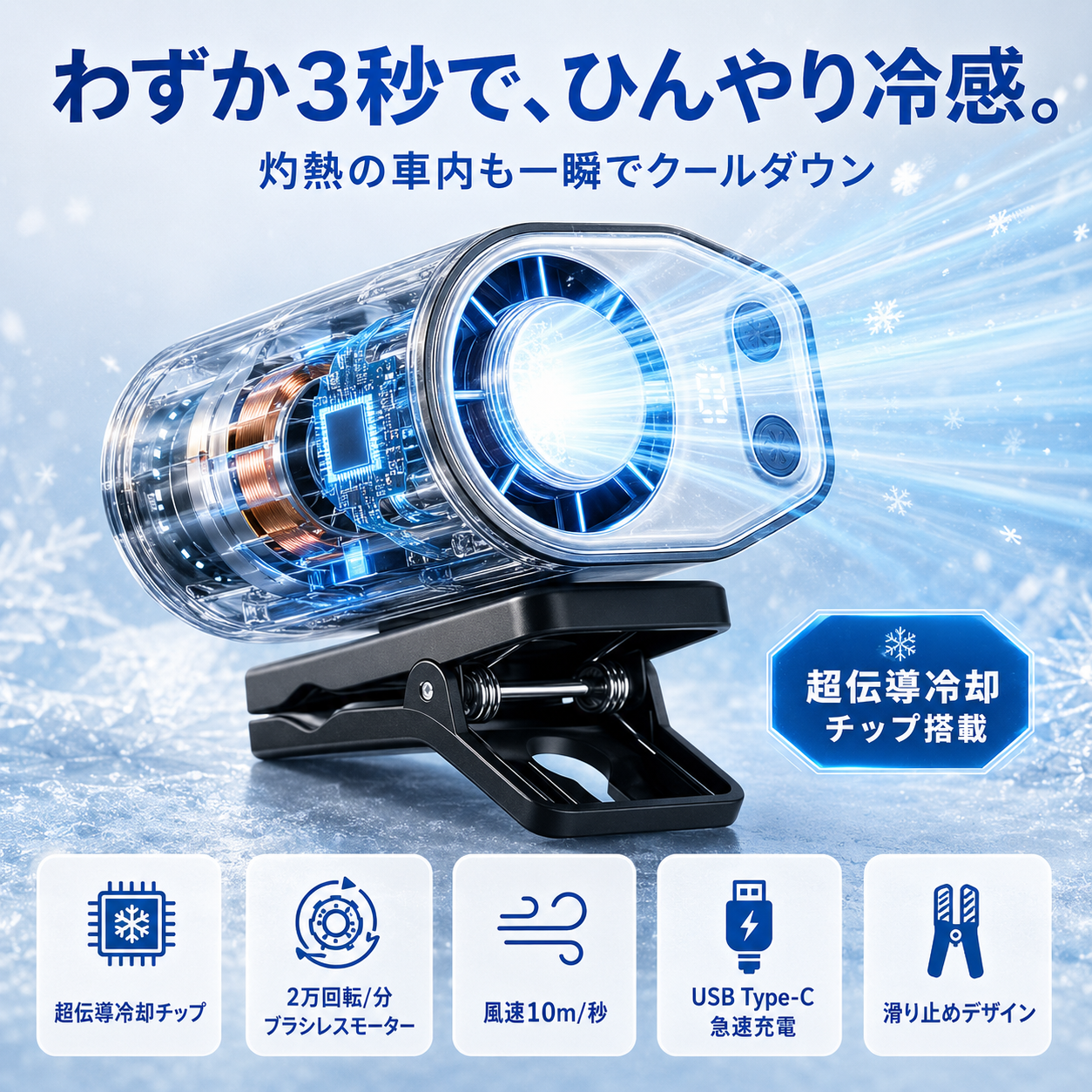 「瞬間冷却クリップファン｜半導体冷却プレート搭載」